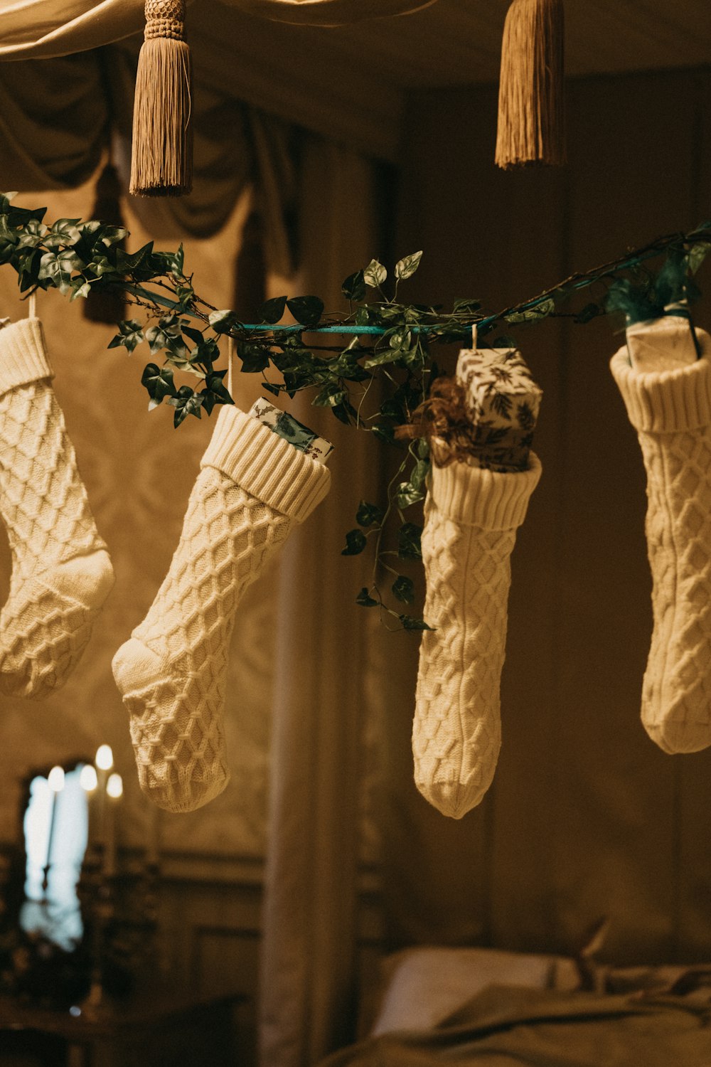 white and brown hanging decor