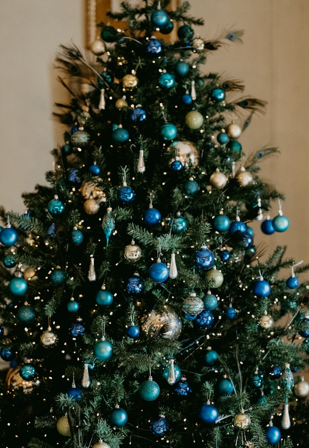 green christmas tree with blue baubles