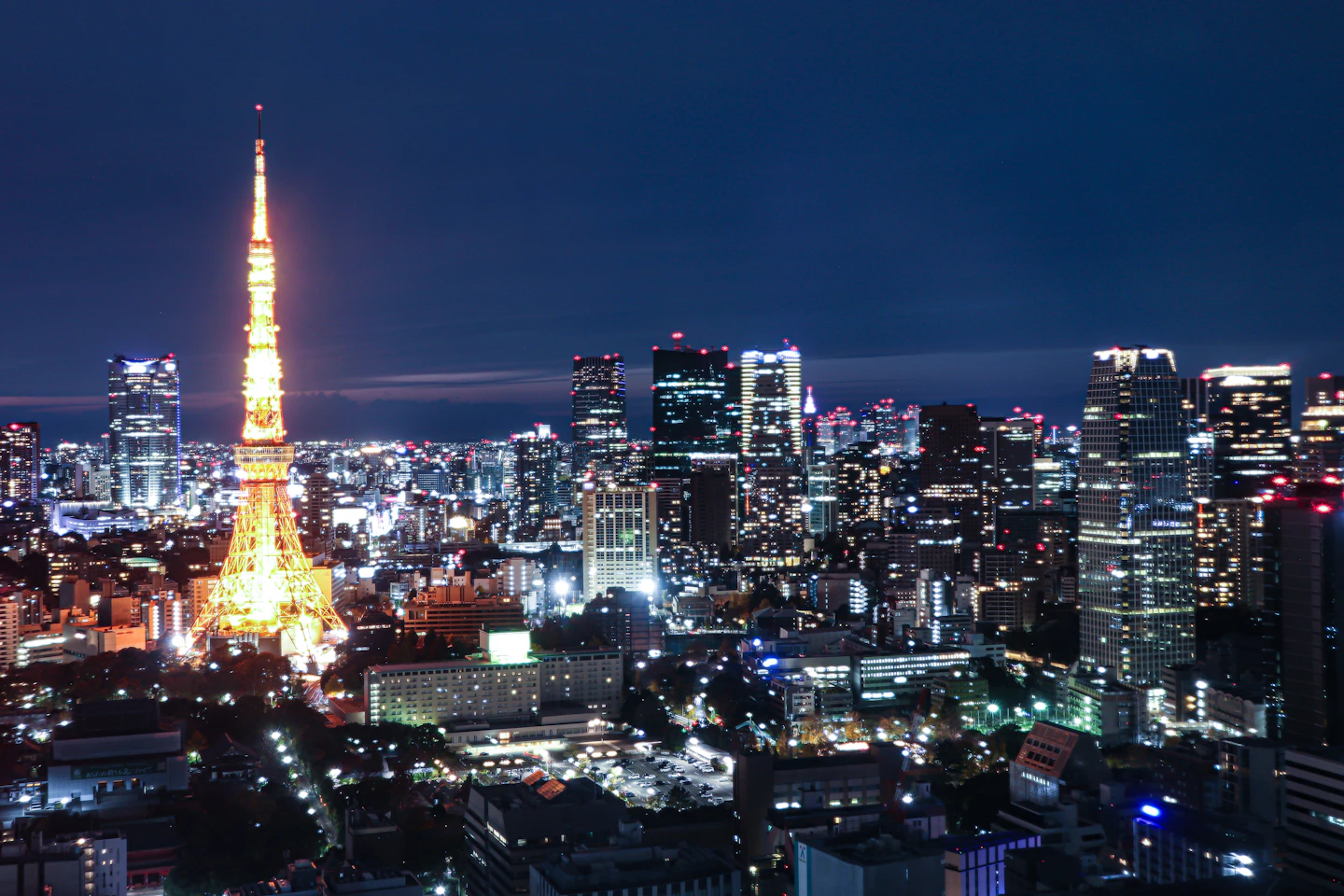 Wide nighttime view of illuminated Tokyo buildings and roads
