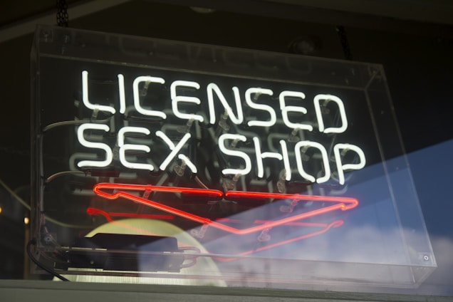 A neon sign with the words 'LICENSED SEX SHOP' written in white, situated inside a transparent rectangle frame that appears to be hanging in a window. Below the main text, there are red neon shapes. The sign is reflective, showing hints of the surroundings outside the window.