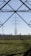 An expansive landscape with several electricity pylons extending across a green field. The pylons stand tall and are silhouetted against a clear blue sky, framed by the metal structure of another pylon in the foreground. Sparse trees are visible in the distance along the horizon.