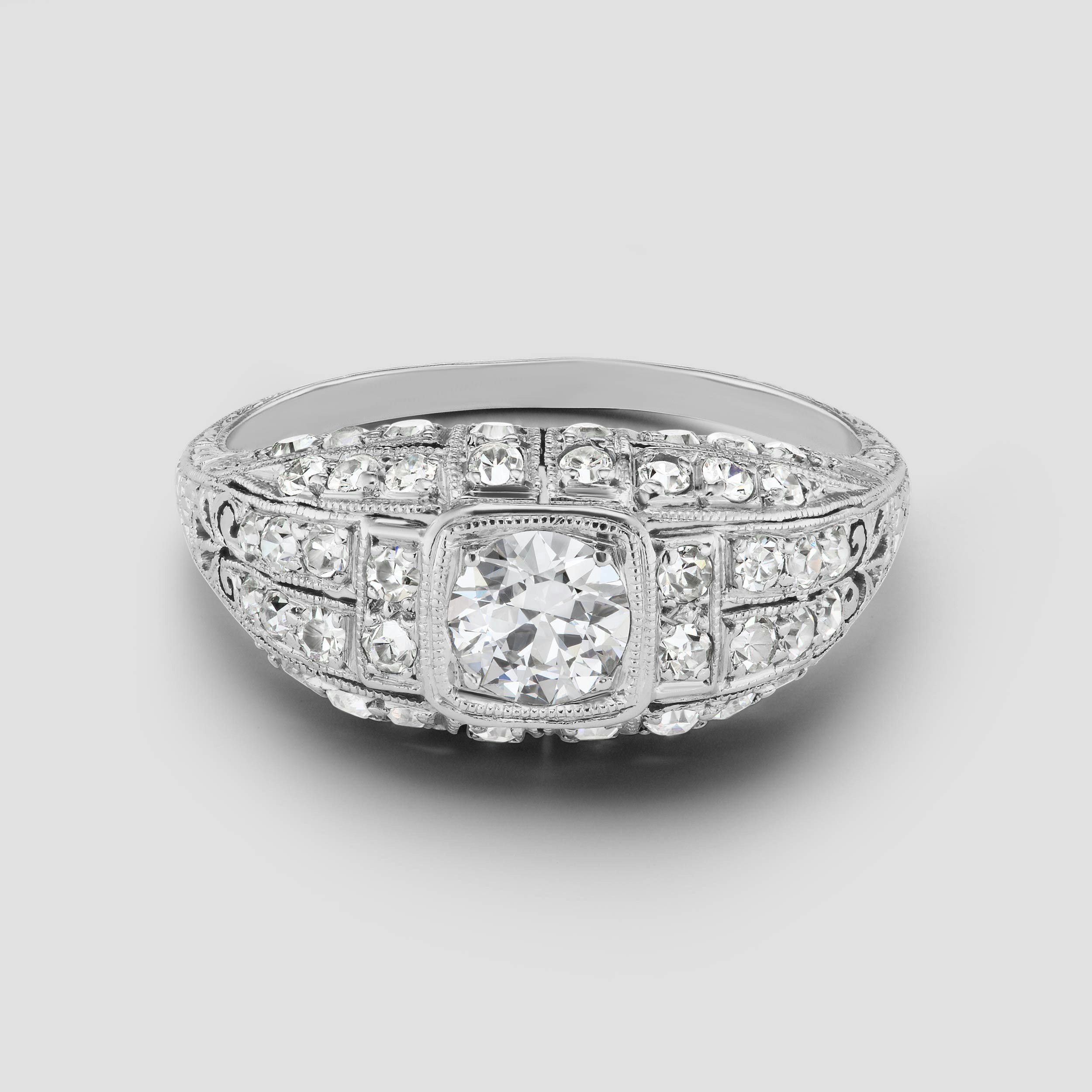 Photo of an original Art Deco Engagement Ring in platinum circa 1940's.
