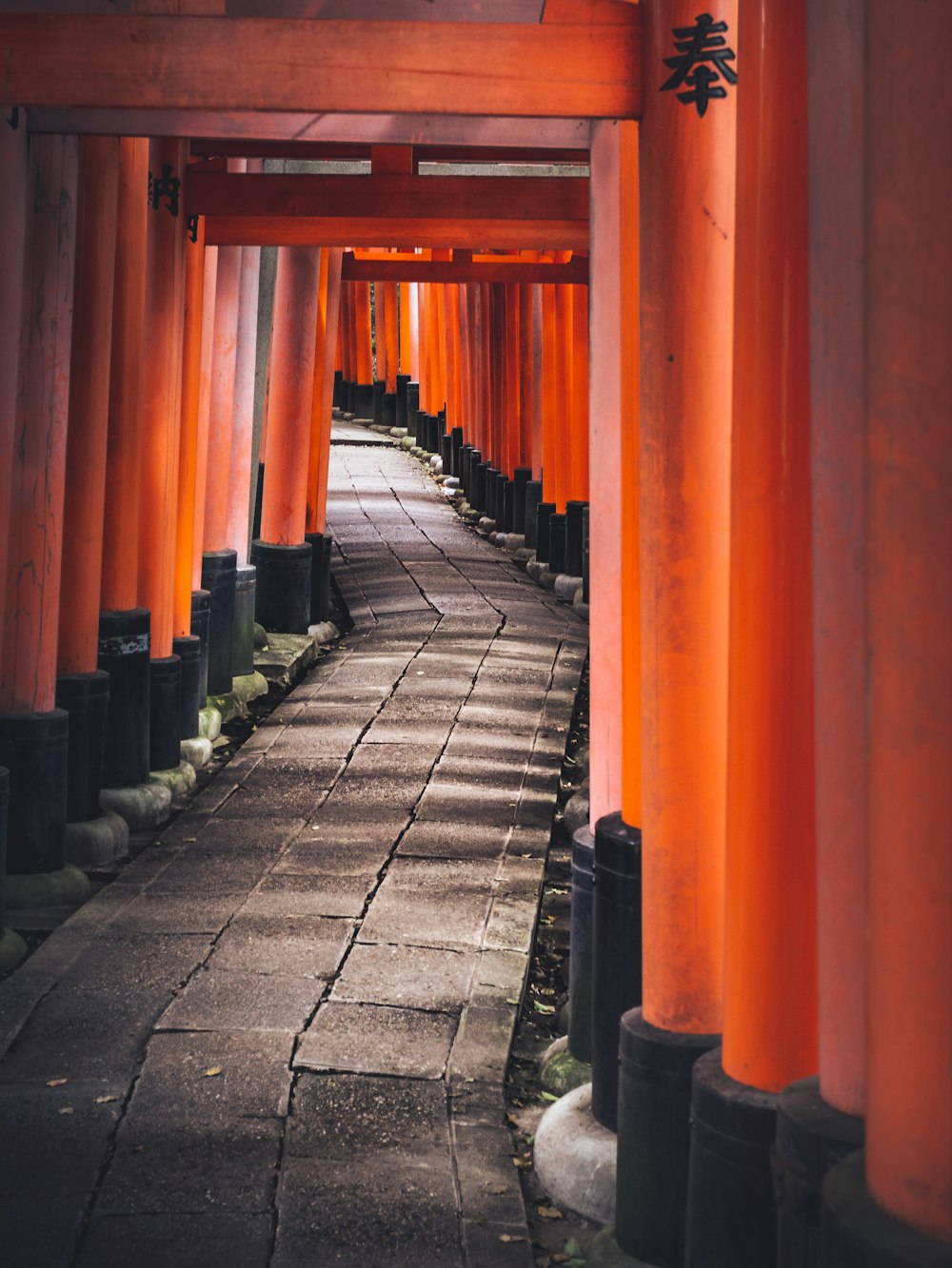 a walkway lined with tall orange pillars next to each other