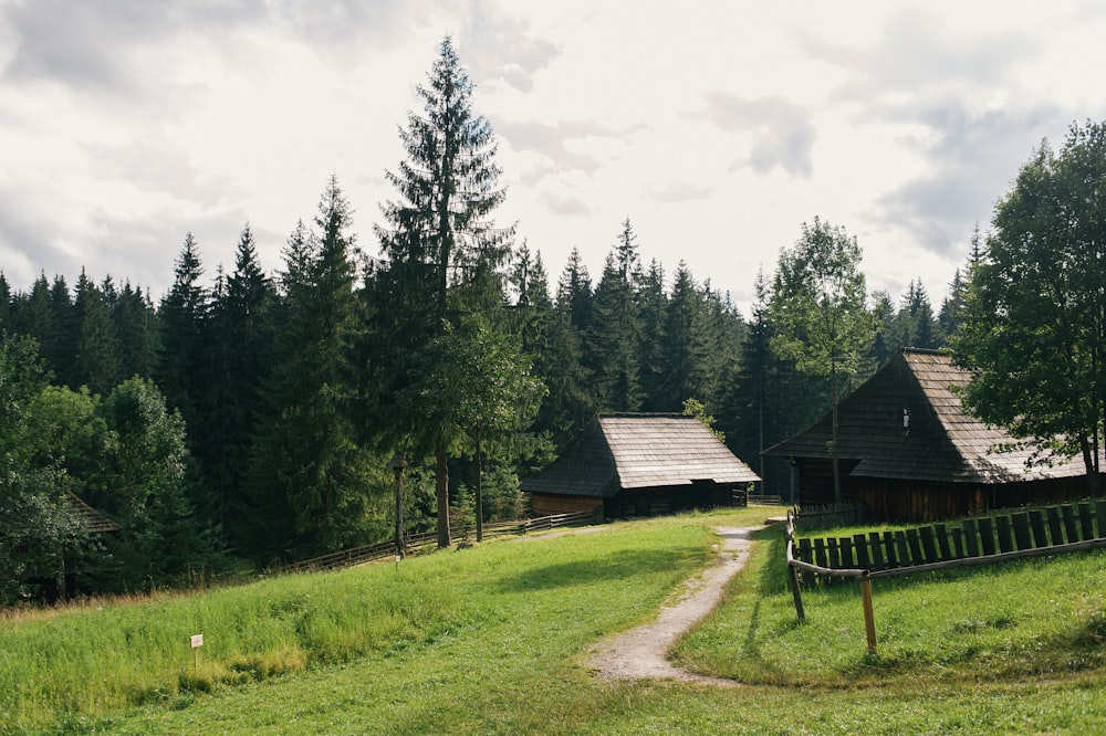 brown wooden house near green trees under white sky during daytime