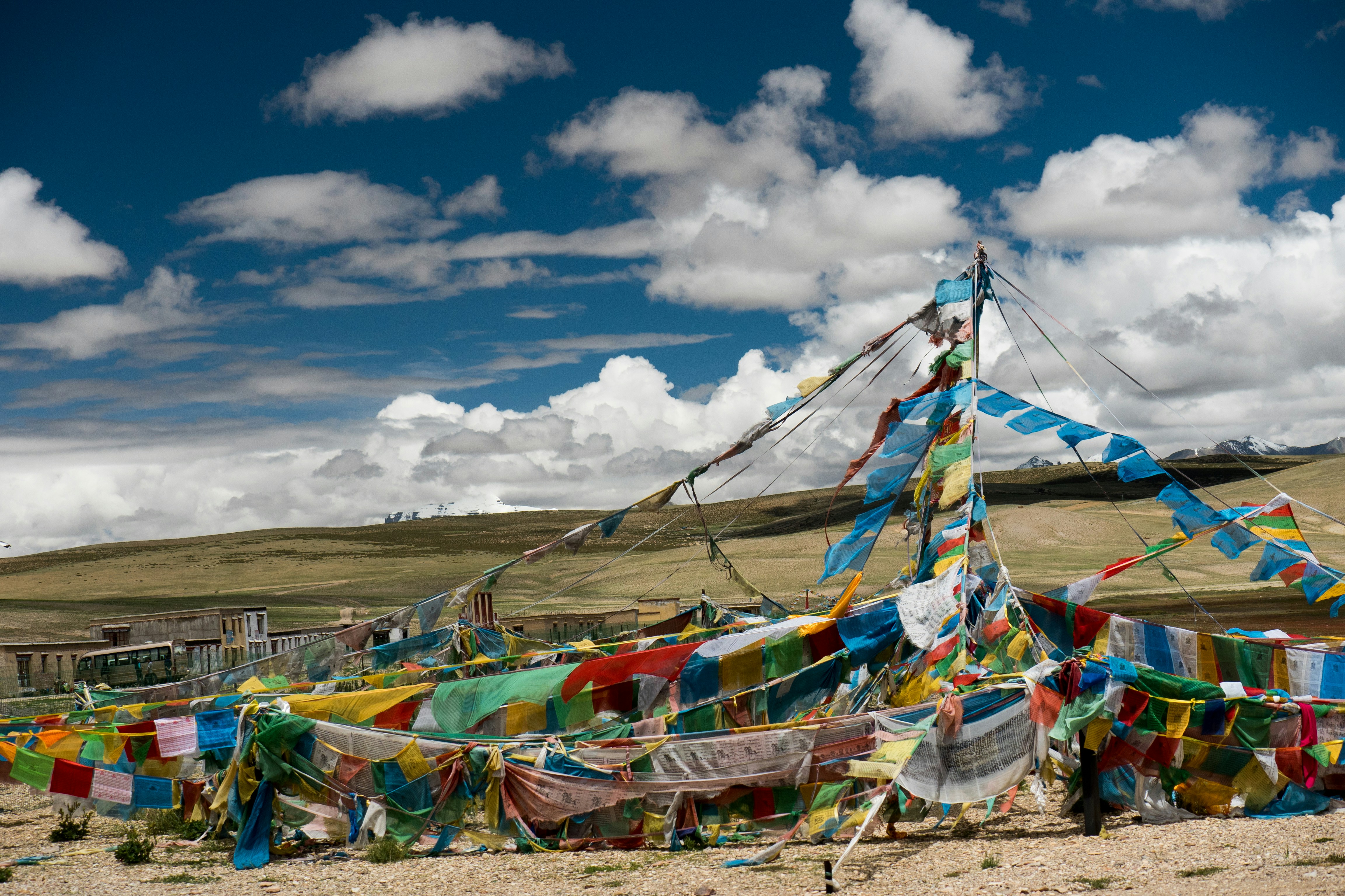 Lungta and Holy Kailas view from Manasarovar lake Tibet