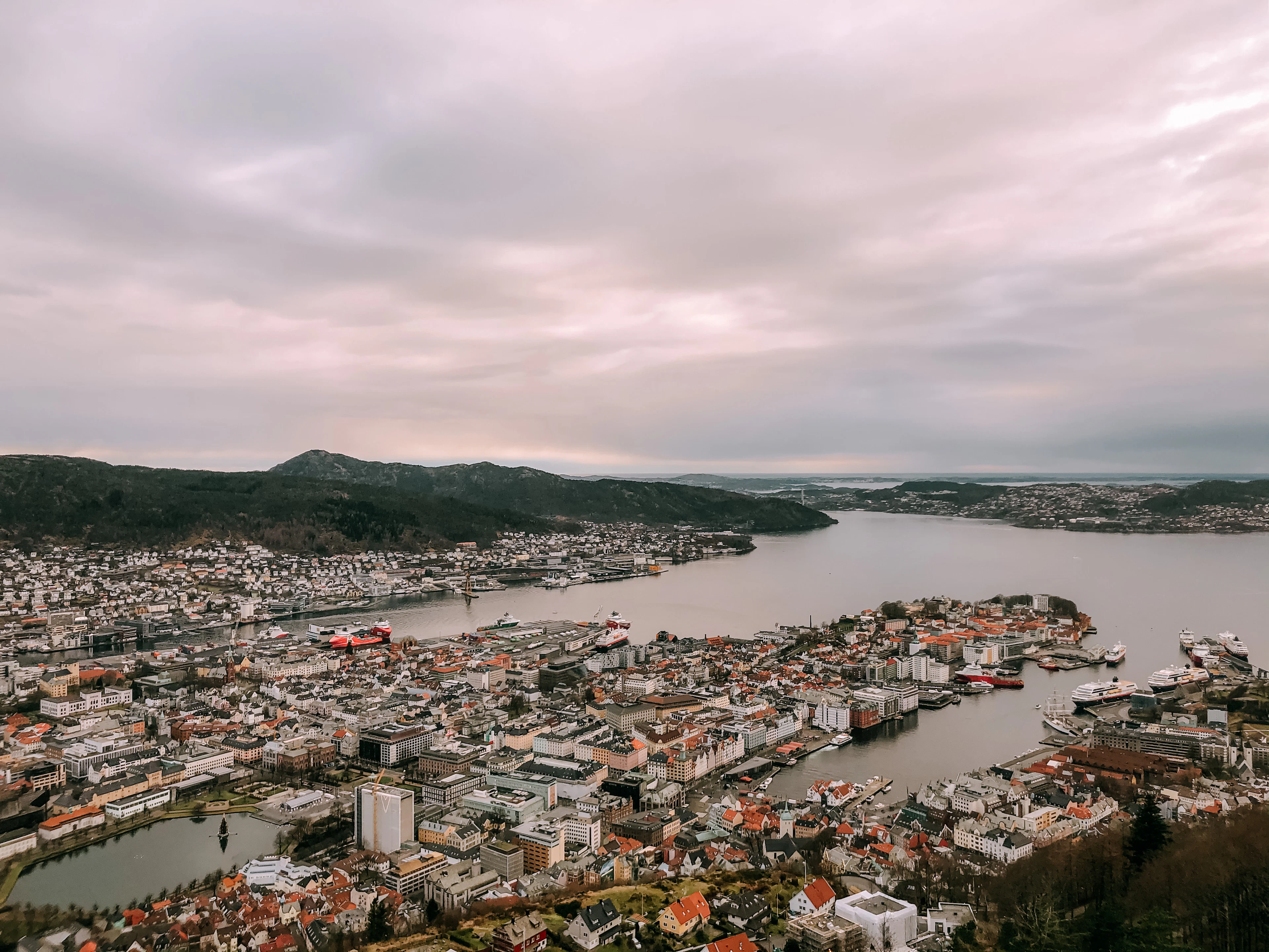 The view from the top of Mount Fløyen over Bergen on a wet grey afternoon: the Vågen harbour, moored cruise ships and the roofs of the old town under a low ceiling of pink-grey cloud.