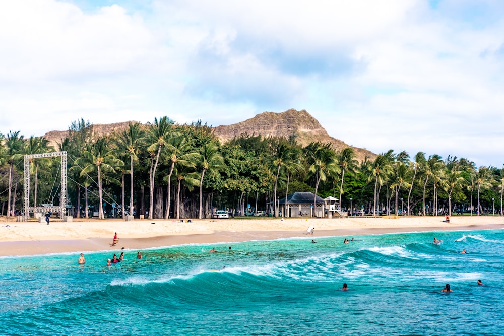 a group of people swimming in the ocean next to a beach