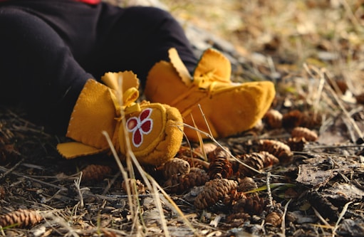 person in black pants and brown shoes lying on dried leaves