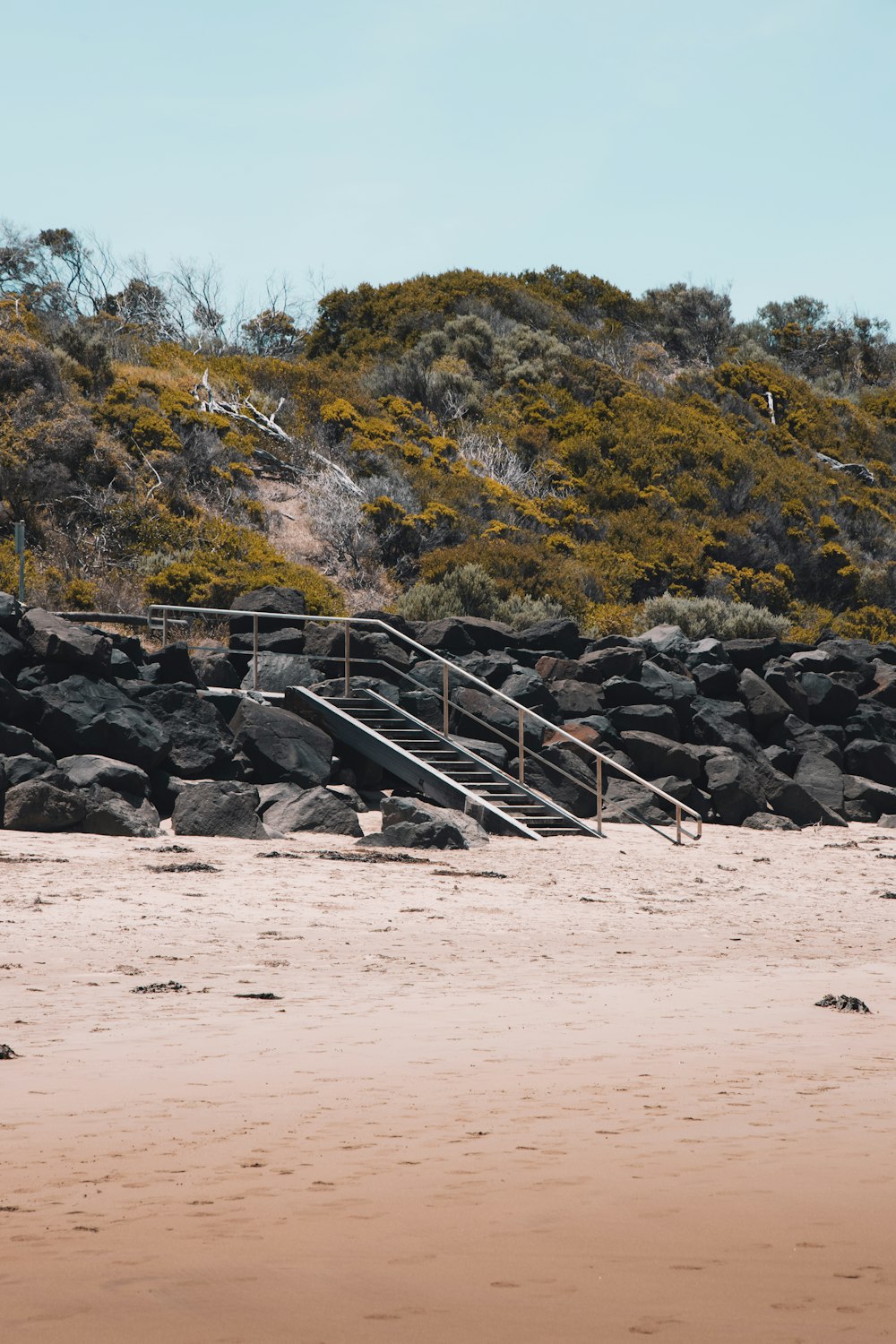 black wooden stairs on brown sand during daytime