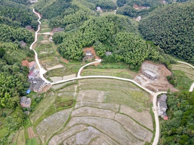 An aerial view of a rural landscape with lush green hills and dense bamboo forests. There are several winding roads leading to scattered houses and small buildings. The image also includes sections of terraced fields and some construction activity visible on the right-hand side.