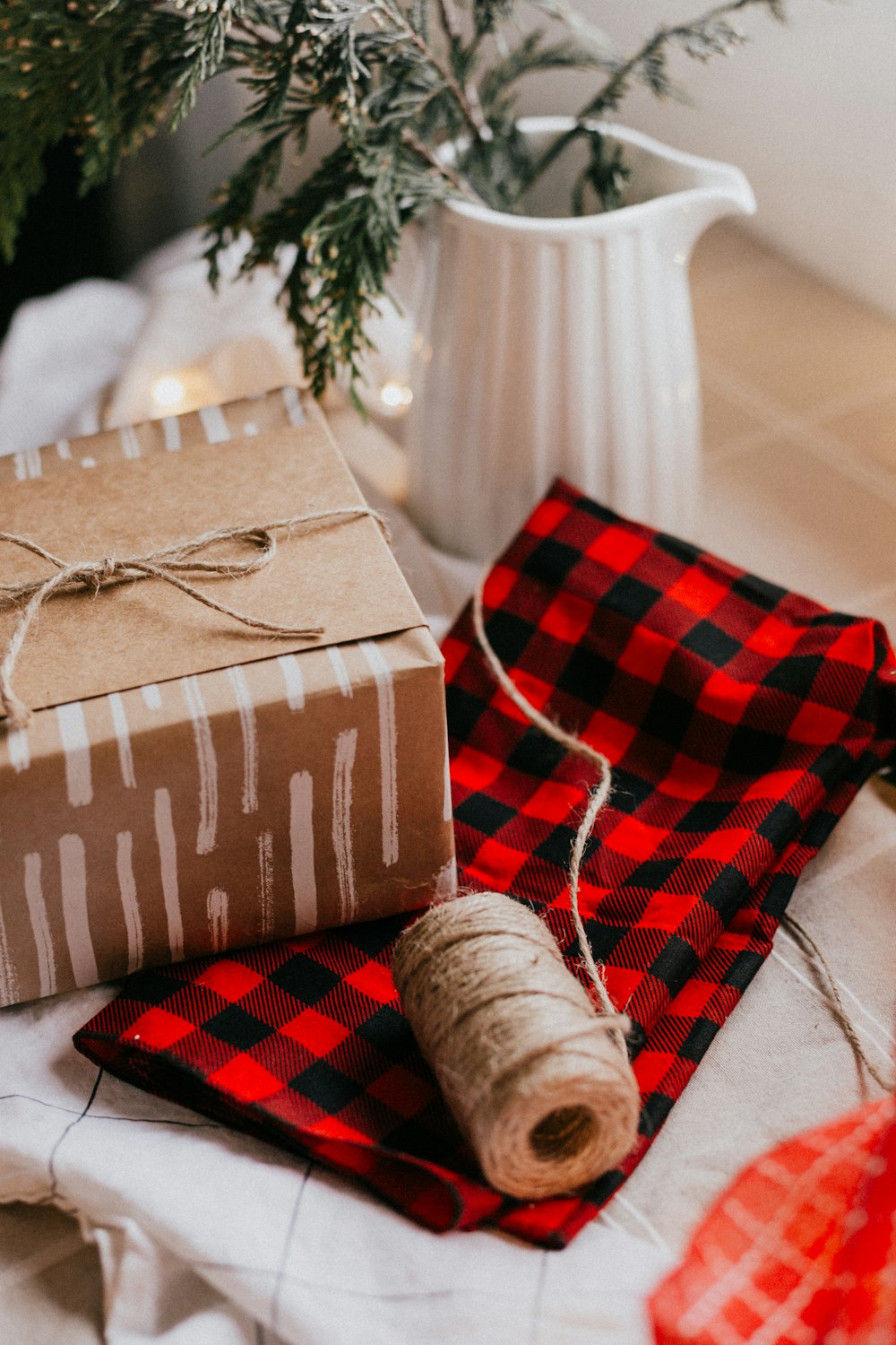 brown and red plaid textile