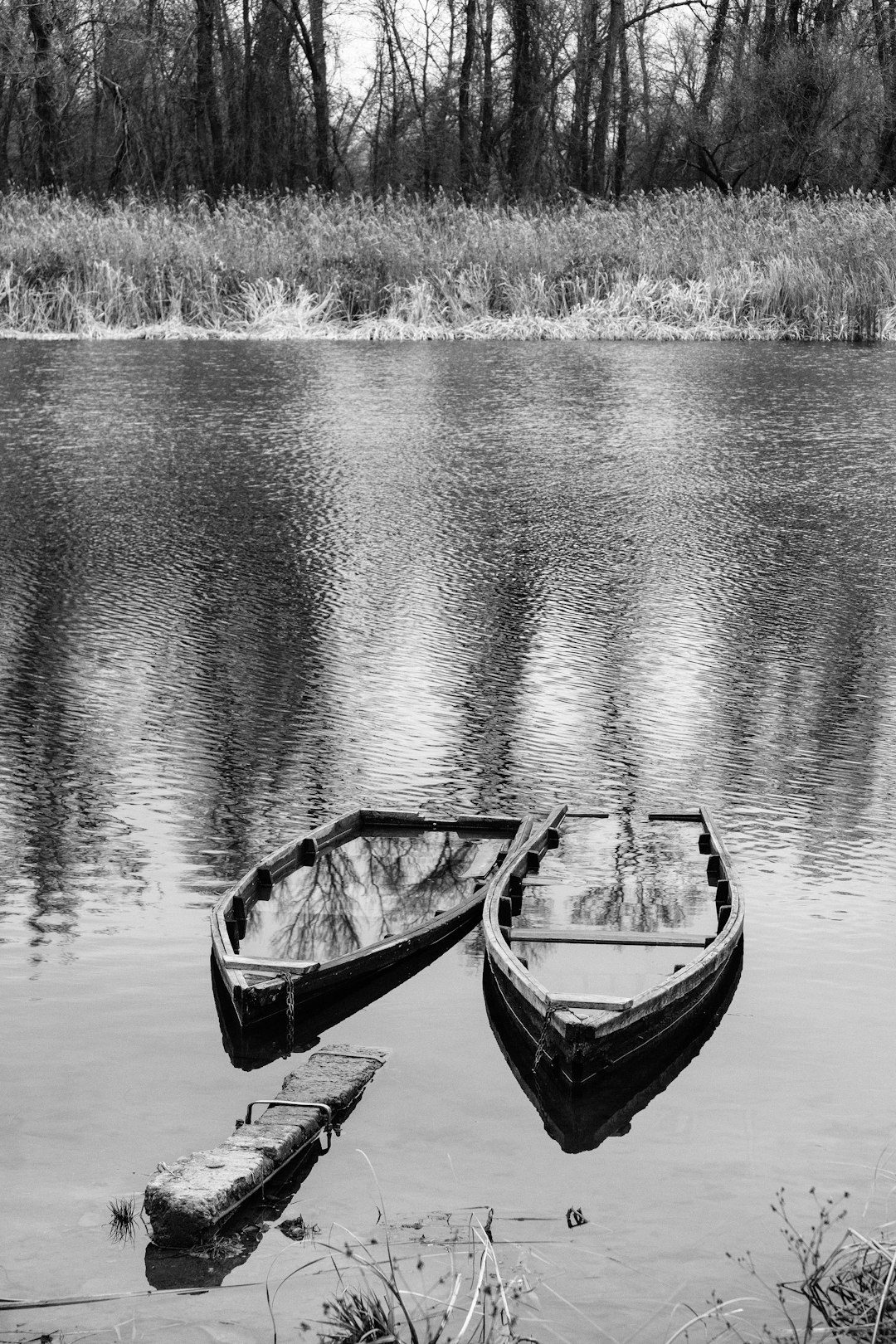 grayscale photo of boat on lake