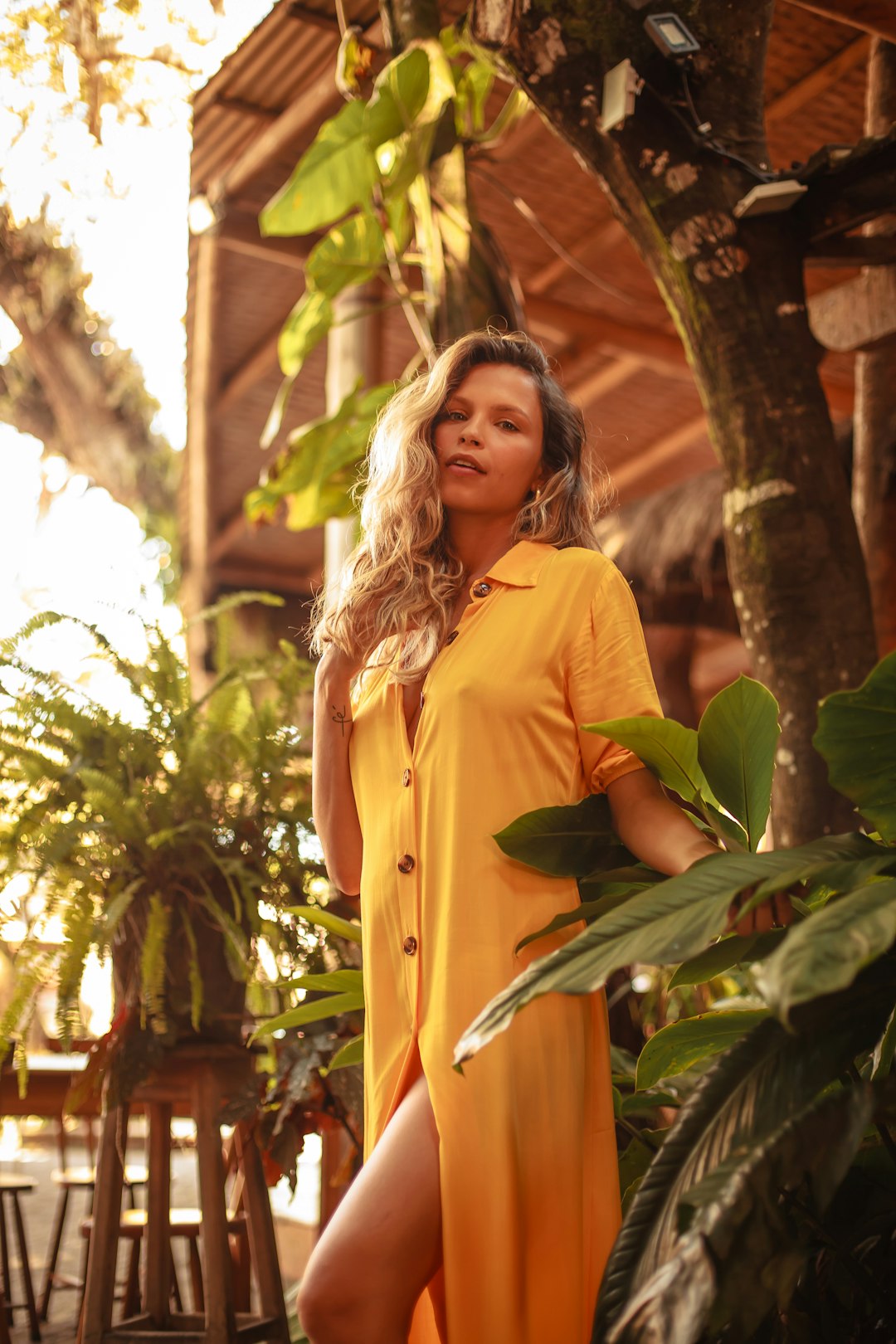 woman in yellow long sleeve shirt standing near green leaf tree during daytime