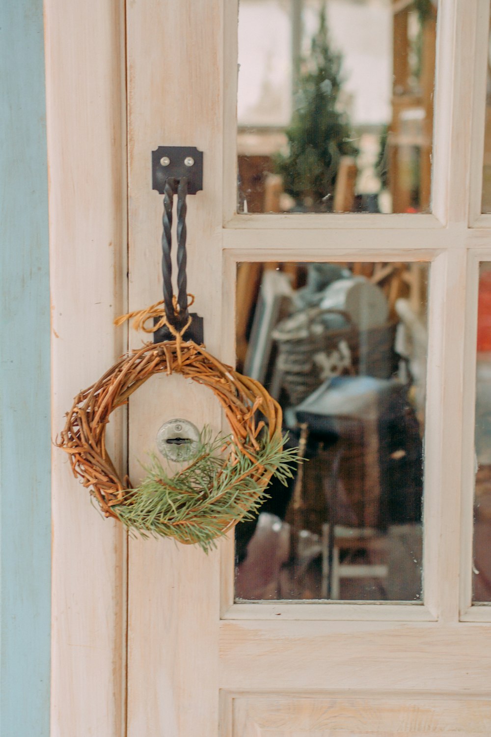 brown wicker basket hanged on window