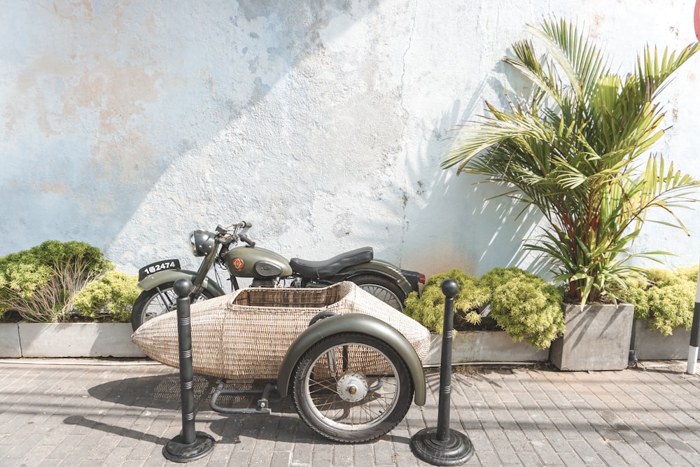 black and gray motorcycle parked beside green plant