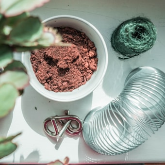 A small white bowl filled with a brown powdery substance sits on a white surface. Nearby, a green spool of thread or string is placed next to a shiny metal slinky. A metal puzzle piece or brain teaser is also visible. Partially blurred plant leaves are seen in the foreground, adding a touch of green.