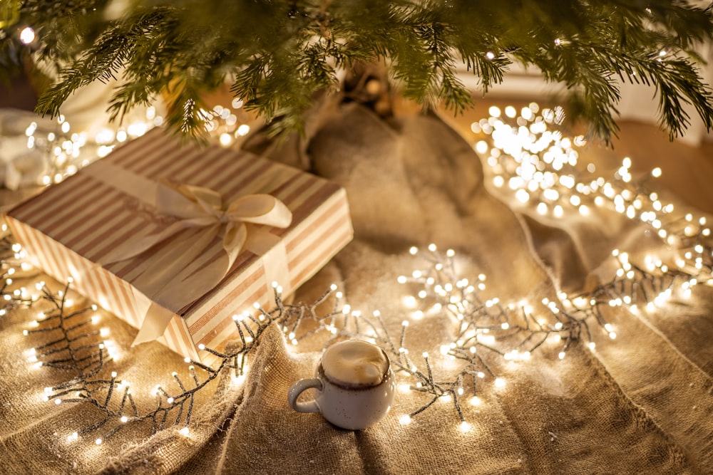 brown wooden board with silver baubles