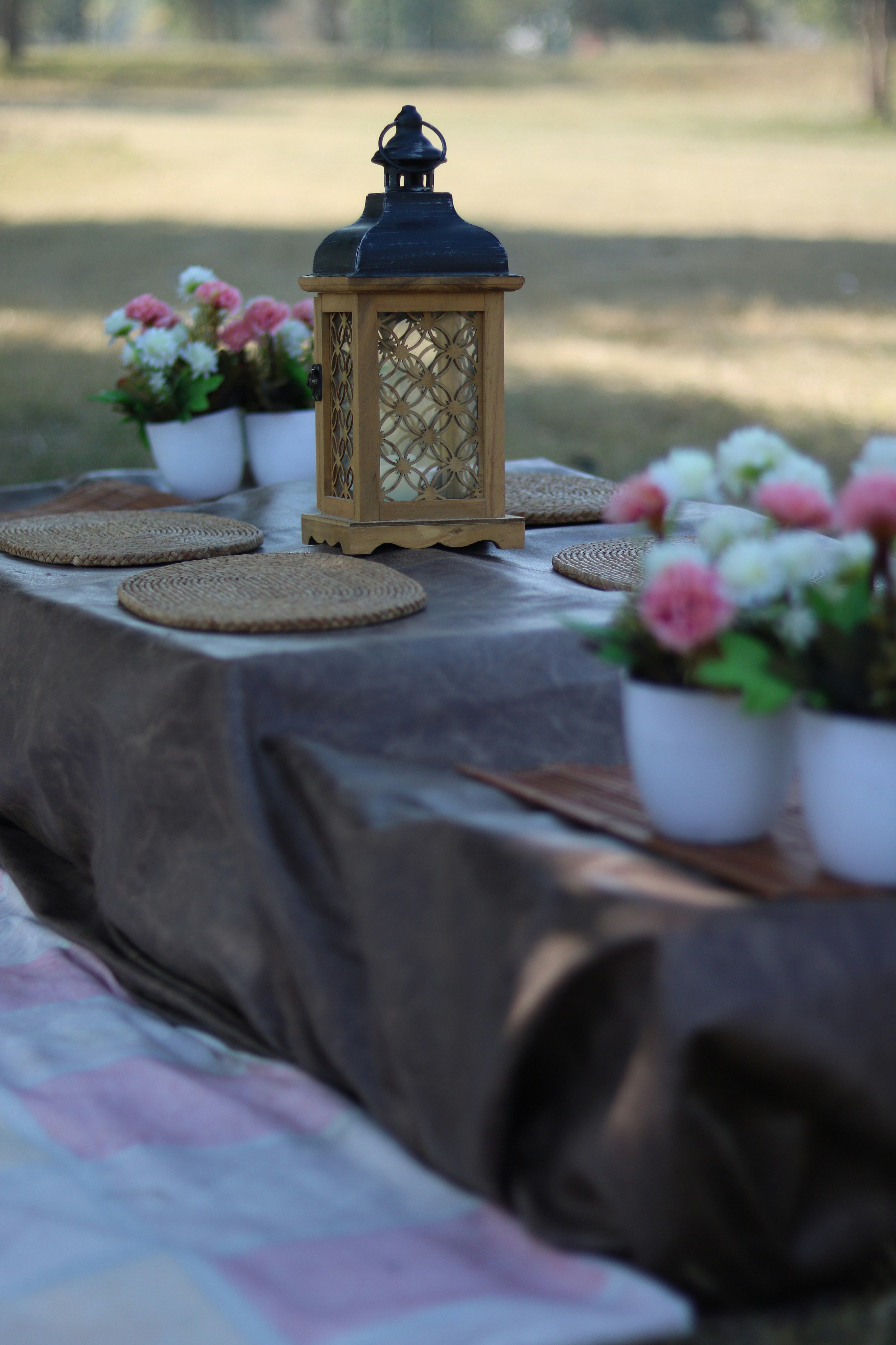A cute picnic table setup in a park. 