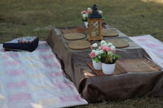 A picnic setup on a grassy area, featuring a table covered with a brown cloth. The table has four rattan placemats, two white pots with pink and white flowers, and a decorative lantern. To the left, there is a checked blanket with an accordion placed on it.