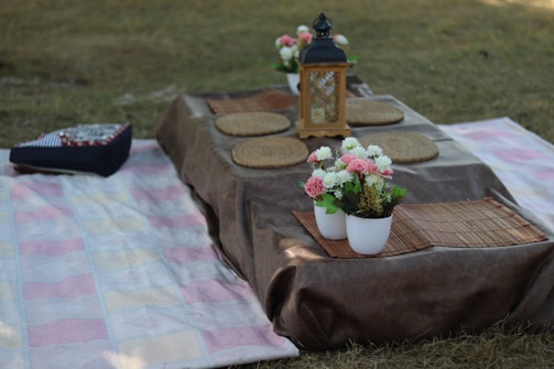 A picnic setup on a grassy area, featuring a table covered with a brown cloth. The table has four rattan placemats, two white pots with pink and white flowers, and a decorative lantern. To the left, there is a checked blanket with an accordion placed on it.