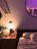 A serene bedroom scene with ambient lighting and plants.