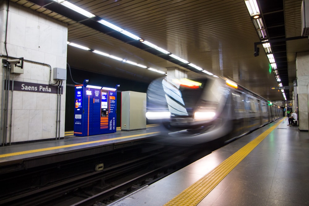 white and blue train station