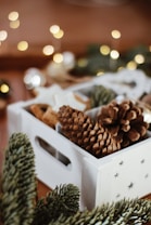 A white wooden box adorned with small star cutouts is filled with natural elements such as pinecones and evergreen branches, set against a warm, softly blurred background with glowing fairy lights.