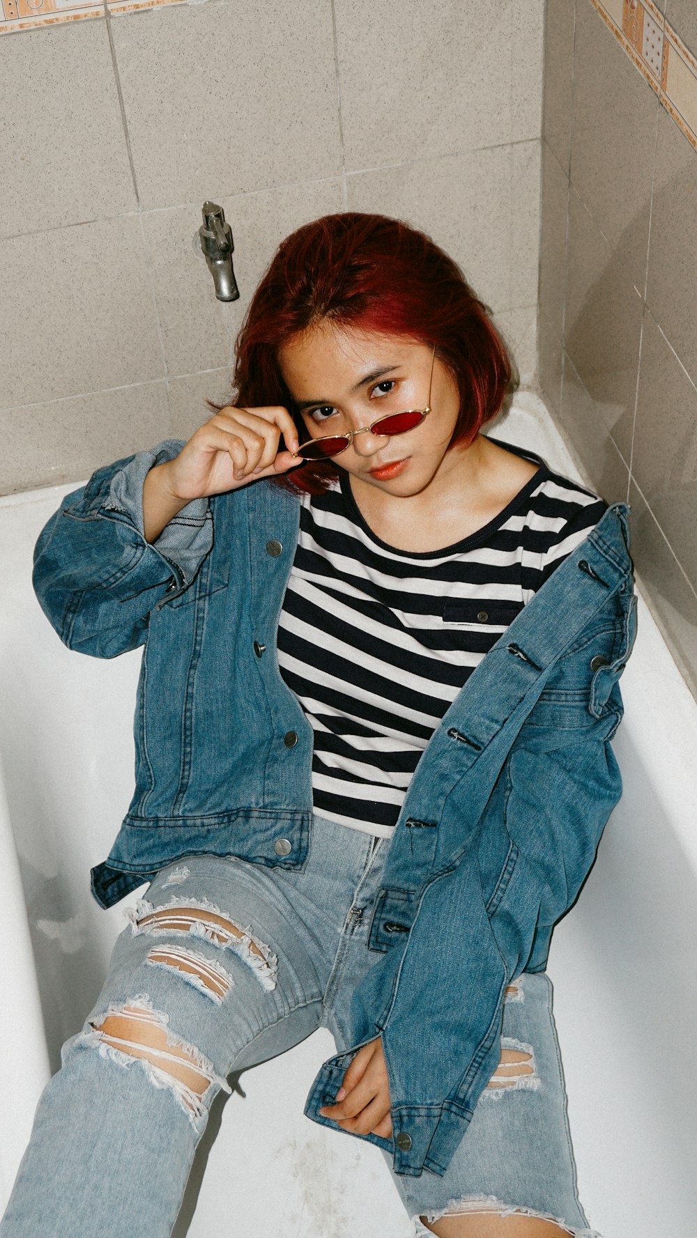 woman in blue denim jacket