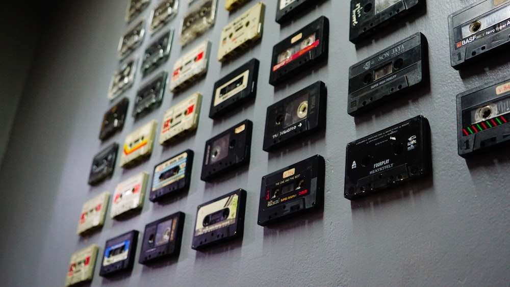 black cassette tape on white table