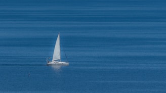 A sleek sailboat gliding smoothly on calm blue waters under a clear sky.