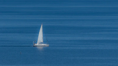 A sleek sailboat gliding over calm blue waters under a clear sky.