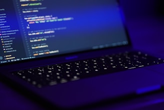 black laptop computer turned on displaying blue screen