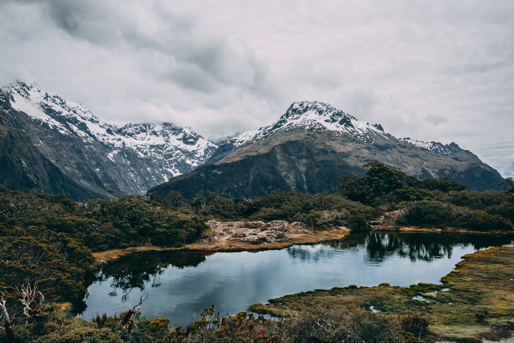 lake near snow covered mountain under cloudy sky during daytime