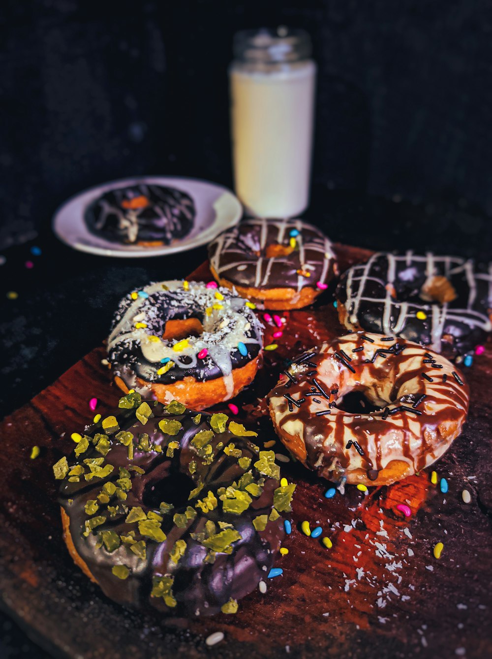 chocolate doughnut on brown wooden table