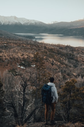 A person with a backpack stands on a rocky outcrop, overlooking a vast landscape with a lake and distant mountains. The scene is serene, with earthy tones in the foreground and a hazy, blue-gray hue over the mountains and water.