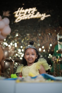 A young girl with a tiara on her head smiles while wearing a yellow dress with frilly shoulders. Birthday decorations are visible in the background, including balloons and a 'Happy Birthday' sign with illuminated lettering, set against a glittering backdrop.