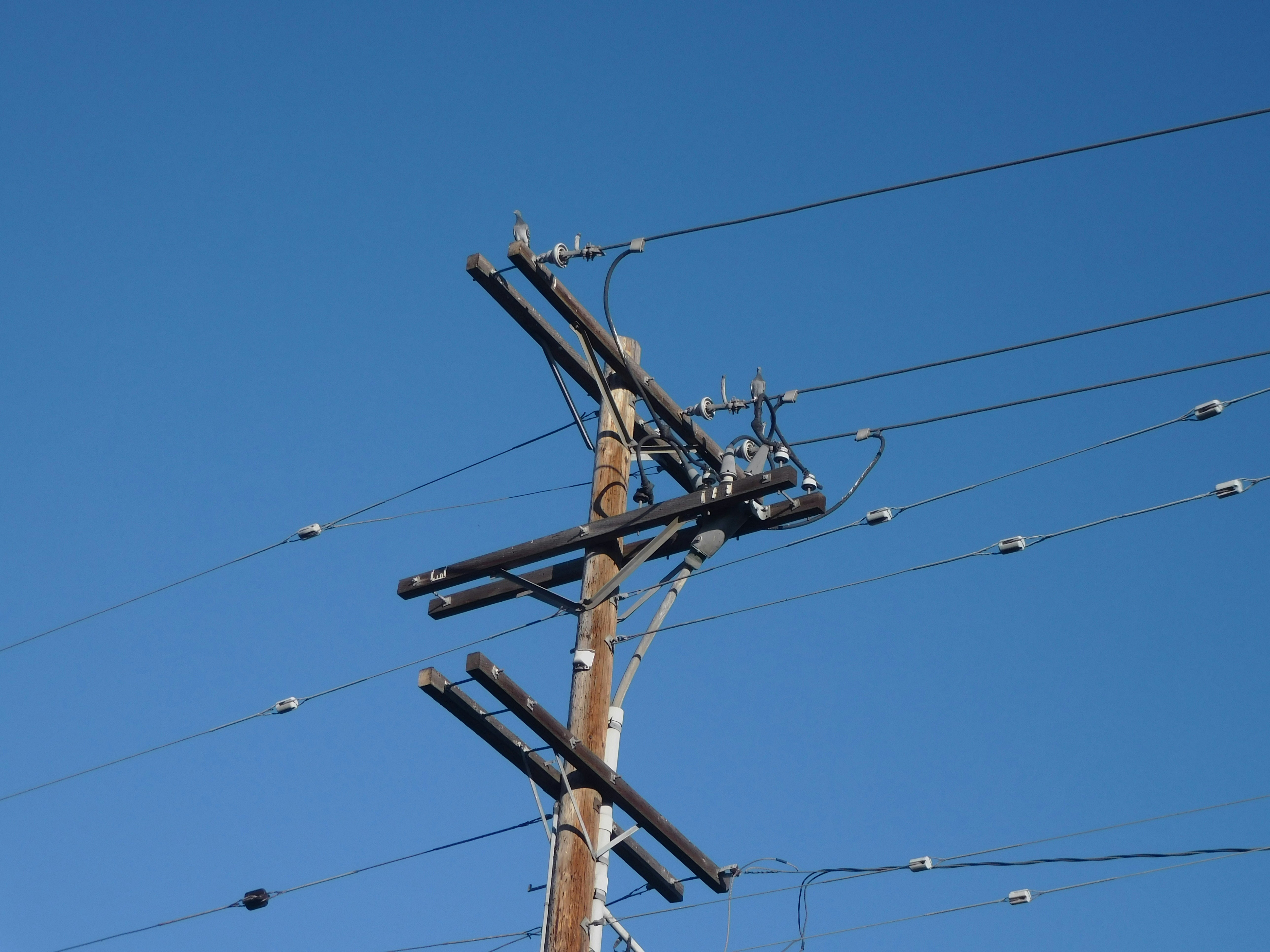 brown wooden electric post under blue sky during daytime, 