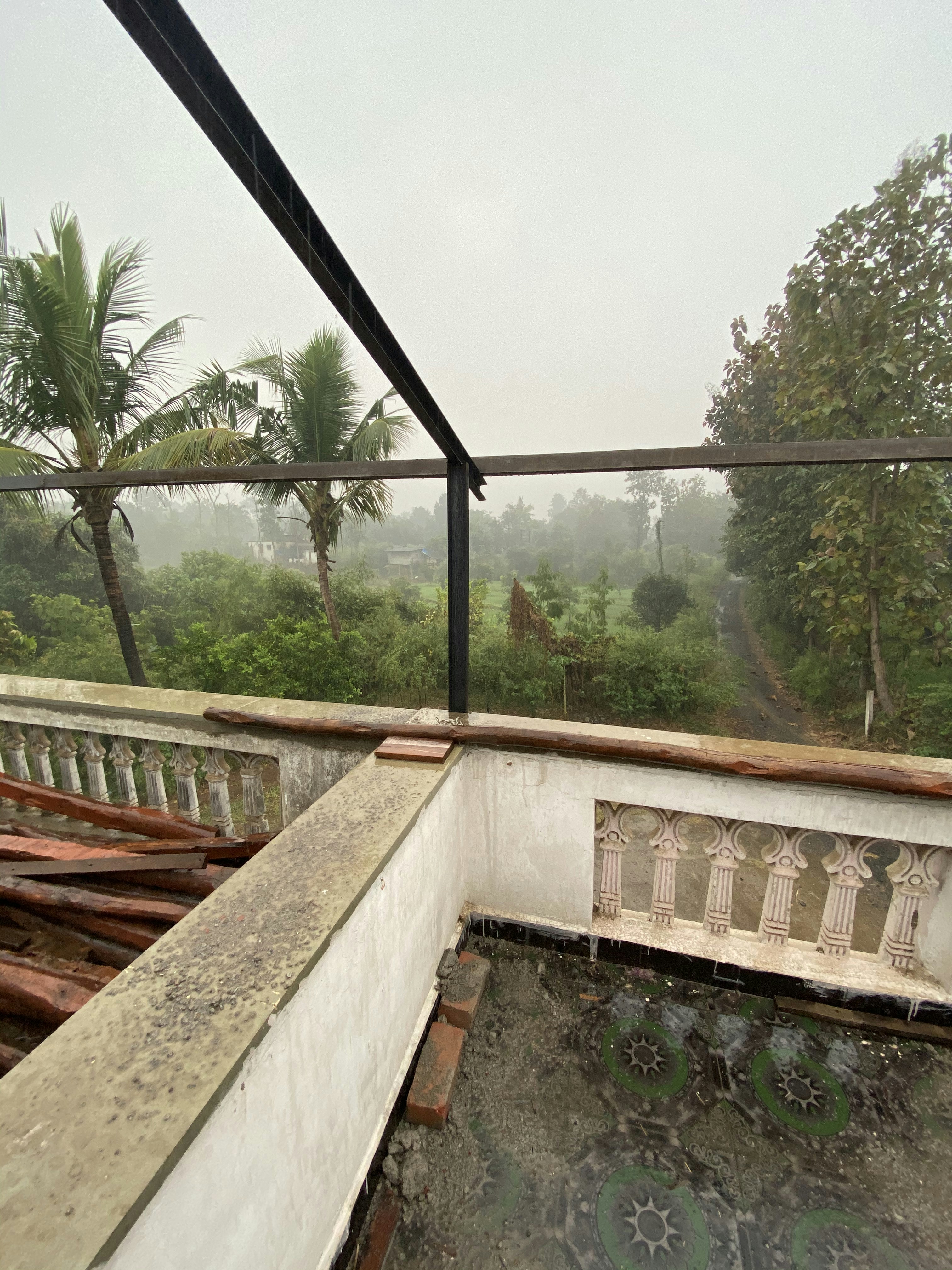 Private balcony of jungle suite overlooking dense tropical foliage.