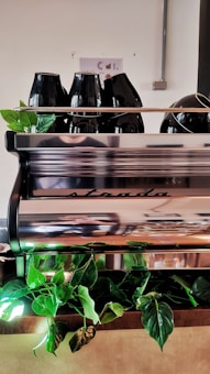 In a cafe setting, a sleek silver espresso machine with the brand name 'strada' is prominently displayed. On top of the machine are several black ceramic coffee pots. Below it, vibrant green leafy plants add a touch of nature against the metallic background.