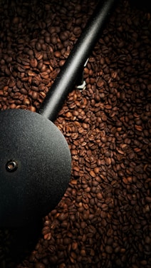 A large number of roasted coffee beans are spread out, with a metallic black scoop resting on top, creating a contrast between the dark metal and the rich brown tones of the beans.