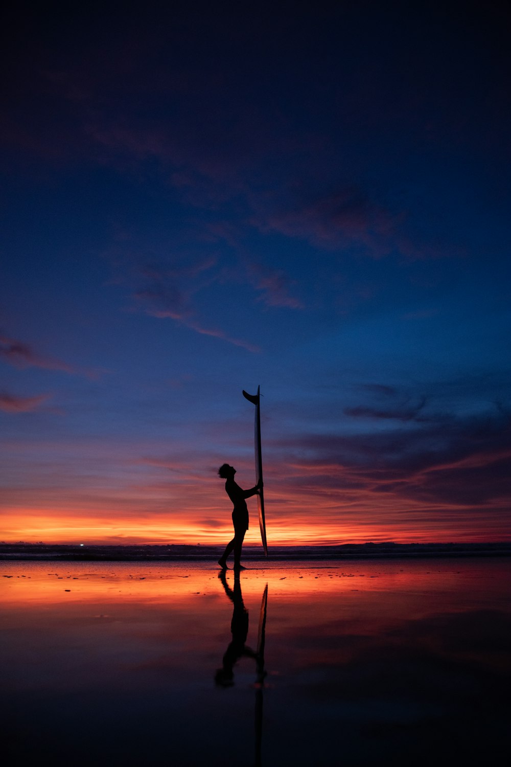 silhouette of man holding stick standing on seashore during sunset