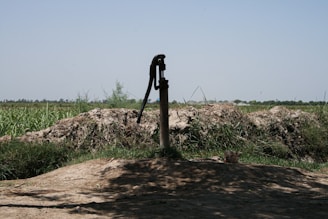 A manual water pump stands in a rural landscape surrounded by green fields and shrubs under a clear blue sky. The ground around the pump is earthy and uneven, with patches of grass and vegetation visible.
