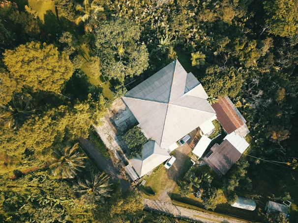 Aerial view of a unique architectural project nestled in lush greenery.
