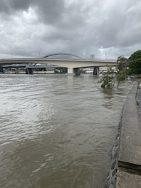 A bridge spans across a wide river with the water level appearing high. The sky is overcast with thick, gray clouds, indicating possible rain. There are trees partially submerged in water near the riverbank, suggesting recent flooding. The scene is urban with some buildings visible in the background.