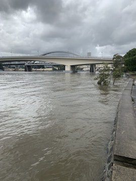A bridge spans across a wide river with the water level appearing high. The sky is overcast with thick, gray clouds, indicating possible rain. There are trees partially submerged in water near the riverbank, suggesting recent flooding. The scene is urban with some buildings visible in the background.