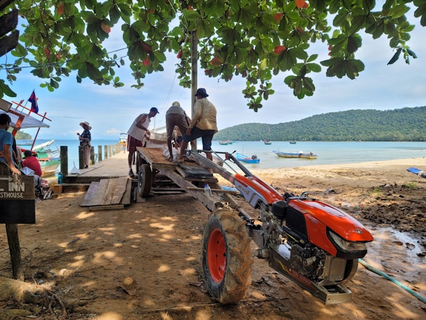A group of people are working together on a wooden dock by the sea, under the shade of large, leafy trees. There is a small orange tractor with large wheels, and several boats are visible in the clear blue water. A lush, green hill can be seen in the background.