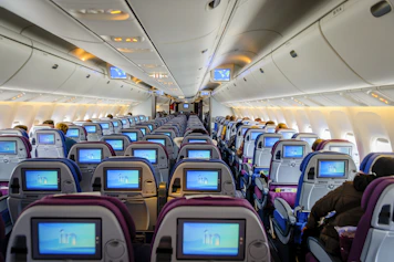 blue and white airplane seats