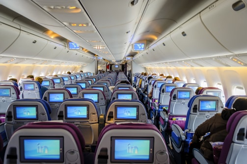 blue and white airplane seats