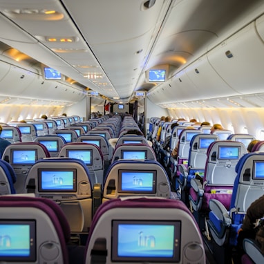 blue and white airplane seats