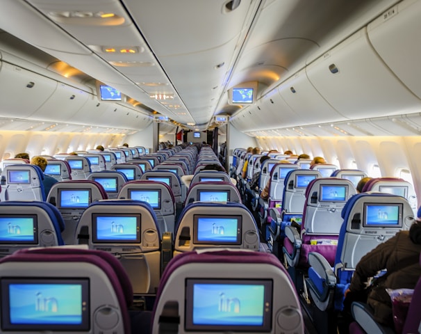 blue and white airplane seats